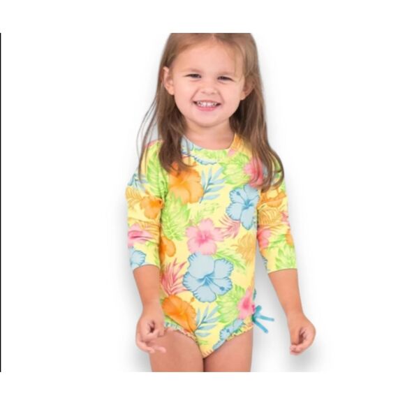 Ruffle Butts Happy Hula One Piece Rash Guard Baby Girl One Piece Swimsuit 12-18m - Picture 1 of 6